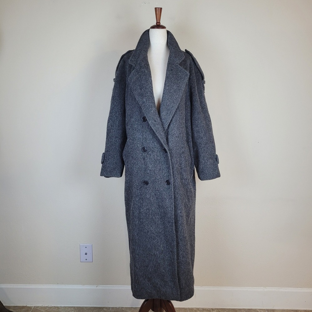 VTG Paul Levy Designs Coat Gray Alpaca Wool Double Breasted Long Trench Overcoat